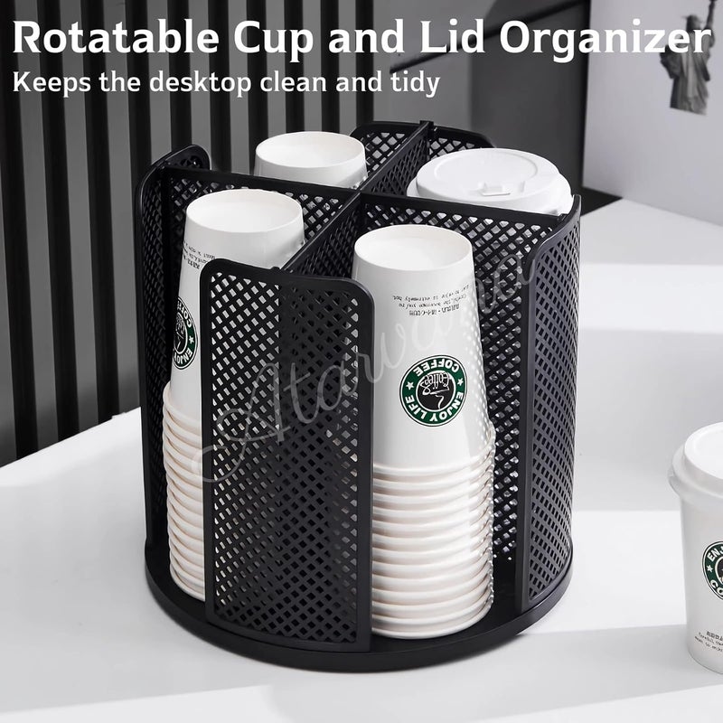 Atarvana Rotatable Coffee Cup Dispenser with 4 Compartments, Atavarna Cups and Lids Holder for 5-16oz Cups Organizer for Restaurant, Coffee Station, Bar, Office, Home-9.25" x 9.25" x 8.66" - Image 2